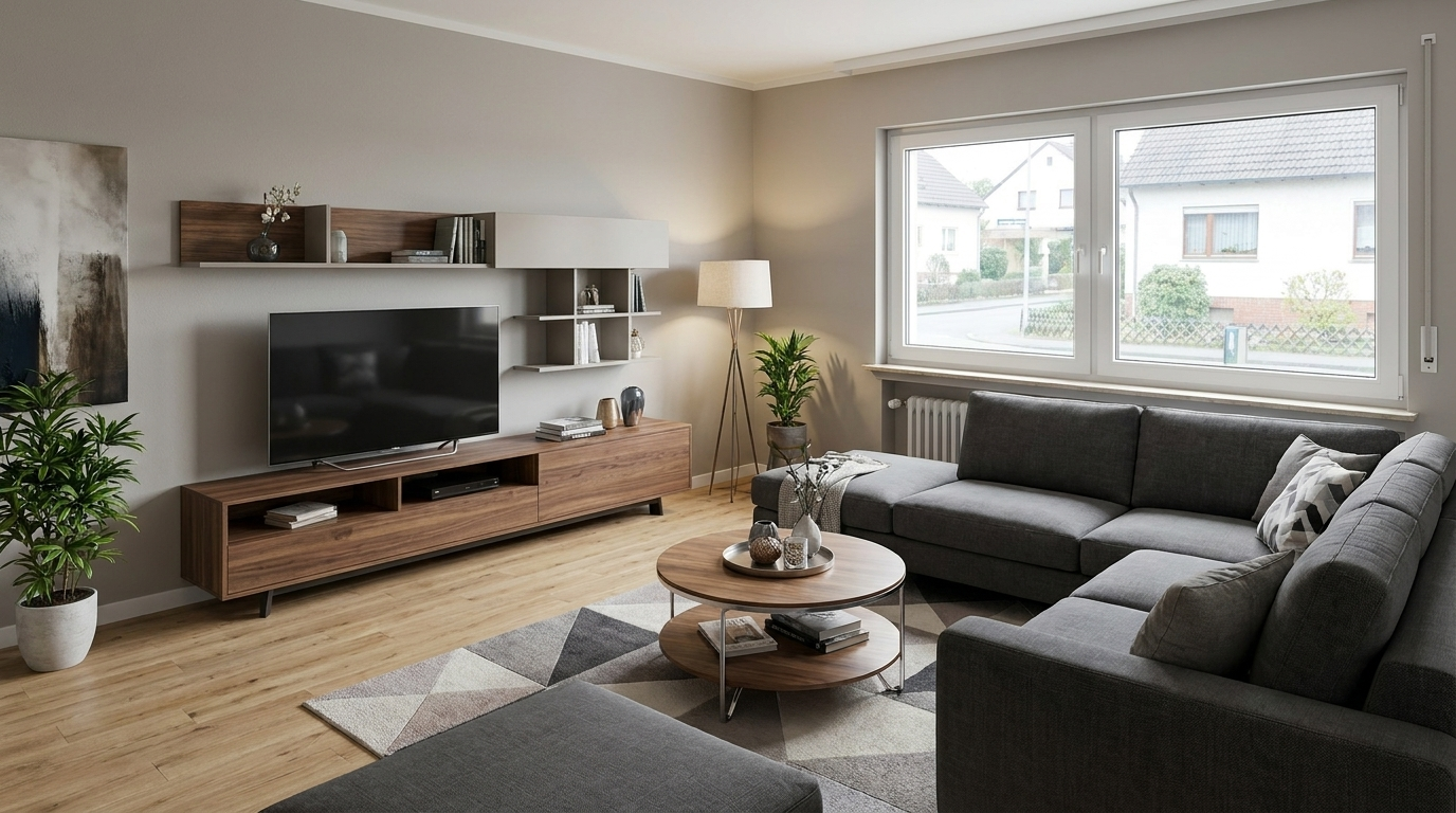 Nachher: virtuell eingerichtetes Wohnzimmer nach Homestaging
